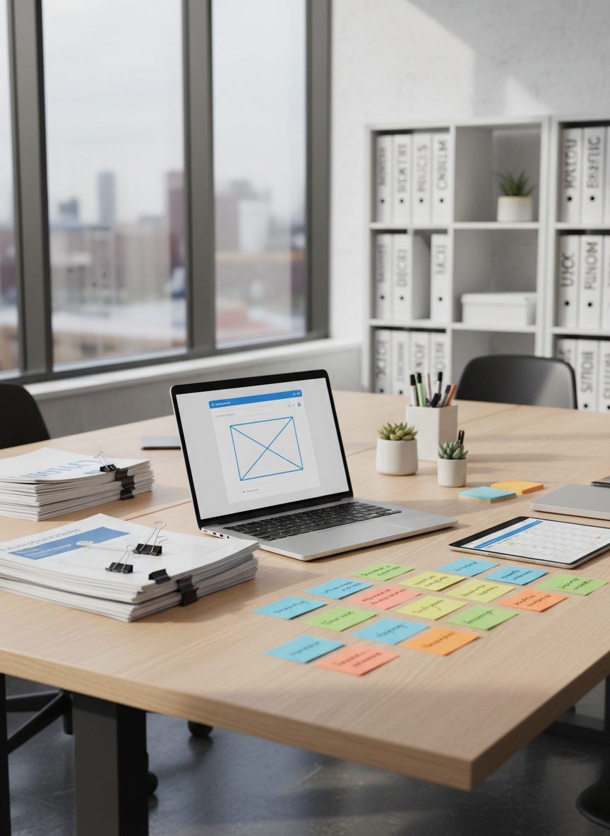 A meticulously organized learning design workspace featuring a large, light oak desk with a slim, silver laptop displaying a clean wireframe of an e-learning module. Surrounding it are neatly stacked research articles, color-coded sticky notes with legible learning objectives, and a sleek tablet showing a skills matrix. The desk sits near a floor-to-ceiling window in a modern office, with soft mid-morning natural light casting gentle, directional shadows. A blurred background of white shelves filled with binders labeled “Analytics,” “Curriculum,” and “UX” reinforces a sense of evidence-based rigor. Photographic realism, shot at eye level with a shallow depth of field, creates a focused, professional, and calm atmosphere that highlights strategic, performance-focused learning design.
