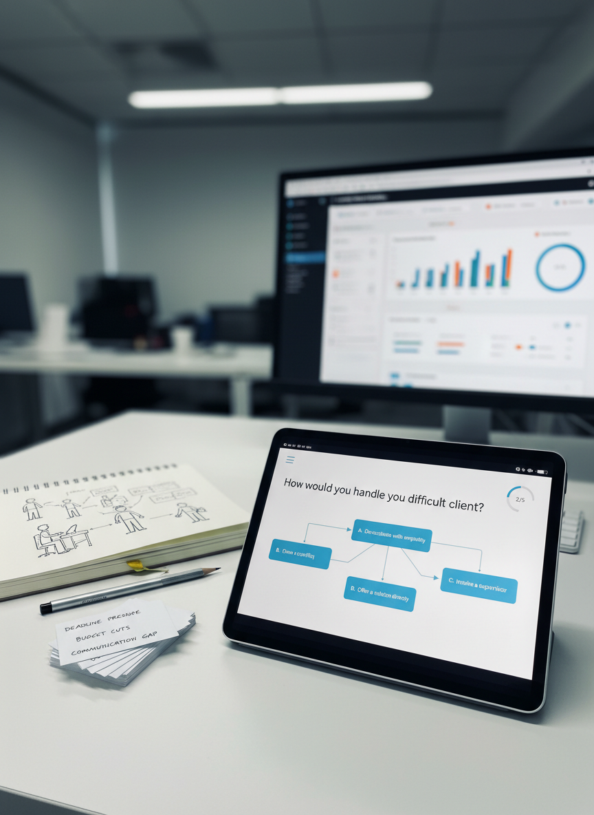 A sleek digital tablet resting on a minimalist, matte white desk, displaying a polished scenario-based e-learning interface with branching options and subtle progress indicators. Beside it lies a spiral-bound storyboard with neatly sketched frames, arrows, and annotations in fine black pen, along with a slim mechanical pencil and a small stack of index cards labeled with realistic workplace challenges. The background shows a softly blurred monitor with a dashboard of learning analytics and completion rates. Cool, balanced artificial lighting from an overhead LED panel creates gentle reflections on the tablet’s glass and crisp shadows from the stationery. Photographic realism, captured from a slightly elevated angle, conveys a focused, professional, and innovative atmosphere emphasizing practical, skill-building learning experiences.