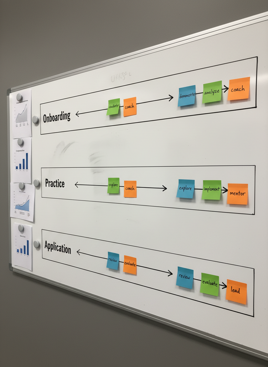 A close-up, overhead photographic view of a large whiteboard mounted on a matte gray wall, covered with an orderly learning journey map. Clear swimlanes show stages like “Onboarding,” “Practice,” and “Application,” connected by precise arrows and color-coded sticky notes labeled with verbs like “demonstrate,” “analyze,” and “coach.” Printed data charts and tiny bar graphs are magnetically attached along one side, indicating measurable performance outcomes. Soft, diffused studio lighting evenly illuminates the surface, revealing the smooth glossy finish of the whiteboard and faint dry-erase marker texture. The composition follows a diagonal rule-of-thirds layout, with sharp focus across the entire frame, creating a modern, analytical, and methodical mood that communicates structured, outcomes-driven learning design.