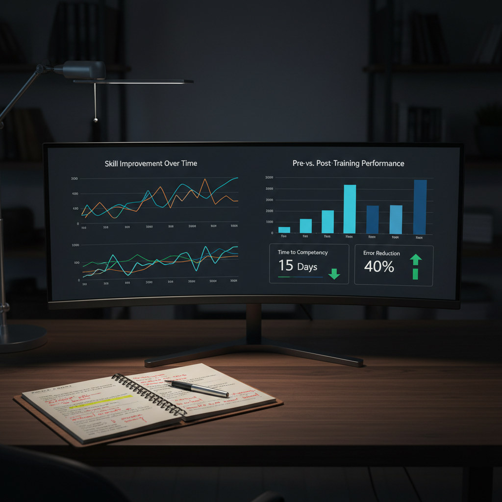 A detailed close-up of a performance dashboard displayed on an ultra-wide monitor set on a dark walnut desk. The screen shows vibrant but professional data visualizations: line graphs tracking skill improvement over time, bar charts comparing pre- and post-training performance, and small KPI cards labeled “Time to Competency” and “Error Reduction.” Next to the monitor lies a neatly bound evaluation report with annotated sections and a silver pen resting on top. Subtle, cool-toned task lighting from a slim desk lamp creates focused illumination on the monitor and report, with the rest of the room softly fading into shadow. Photographic realism, framed in a centered, slightly elevated composition, creates a precise, analytical, and results-driven atmosphere that underscores measurable impact in learning design.