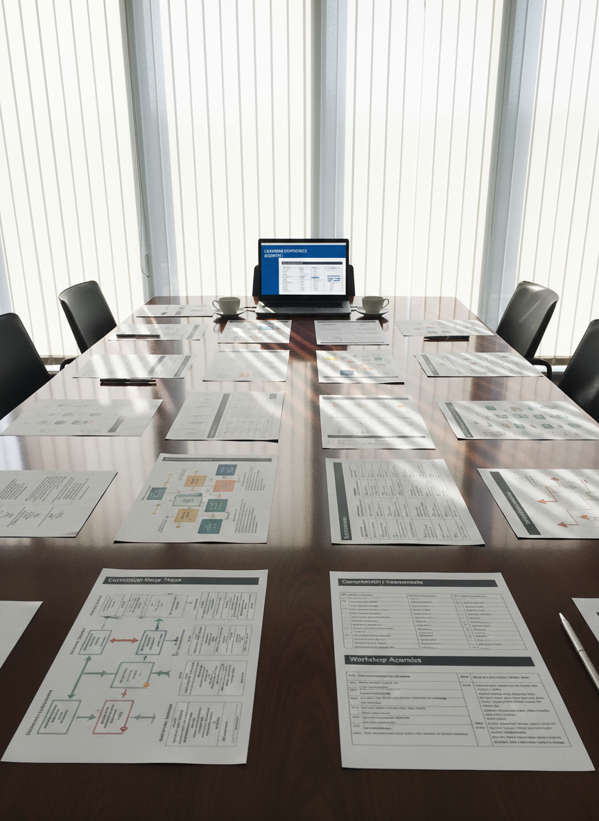 A polished conference table in a bright, contemporary meeting room, covered with printed curriculum maps, competency frameworks, and neatly aligned workshop agendas. High-quality paper with subtle texture shows clearly readable headings like “Performance Goals,” “Practice Activities,” and “Measurement Plan.” A slim laptop at one end displays a clean slide titled “Learning Experience Blueprint” beside a precise Gantt chart. Natural daylight streams through tall windows with sheer white blinds, creating soft, linear shadows across the documents. The composition uses a wide, eye-level photographic perspective with sharp focus throughout, emphasizing depth as the materials recede toward the far end of the table. The mood is strategic, organized, and executive-ready, highlighting end-to-end, evidence-based learning strategy.